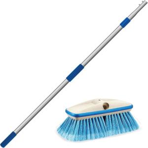 STAR BRITE Deluxe Telescoping Deck Brush Kit – Extendable Aircraft-Grade Aluminum Handle, Soft or Medium Bristles, Floats if Dropped, Ergonomic Design, Multi-Surface Cleaning(Blue  Medium)