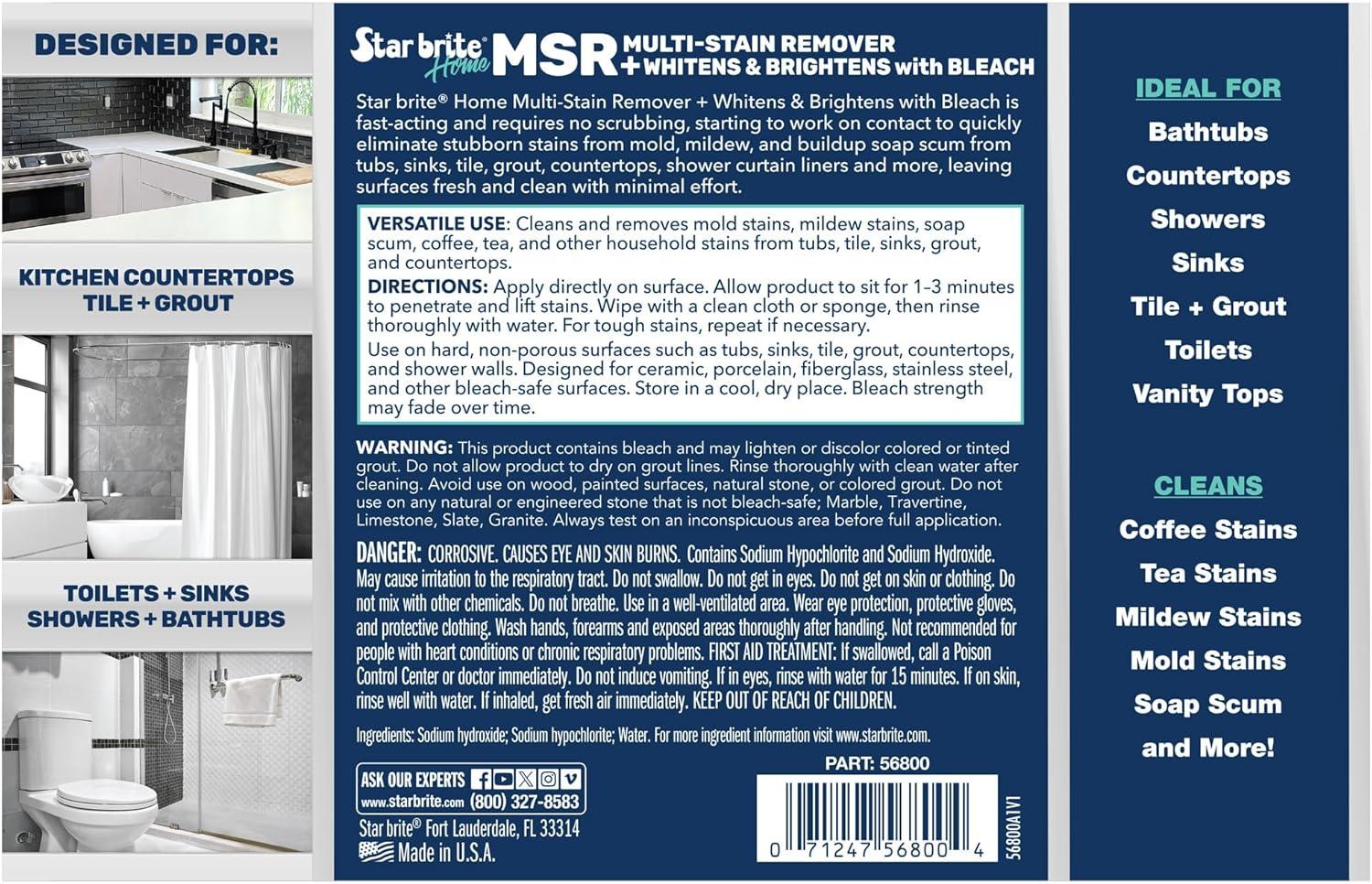 image:imageSTAR BRITE Home MSR MultiStain Remover with Bleach FastActing Cleaner for Kitchen amp Bath Whitens Brightens and Removes Stains and Scum on Grout Tile Sinks and Countertops128 OZ Gallon