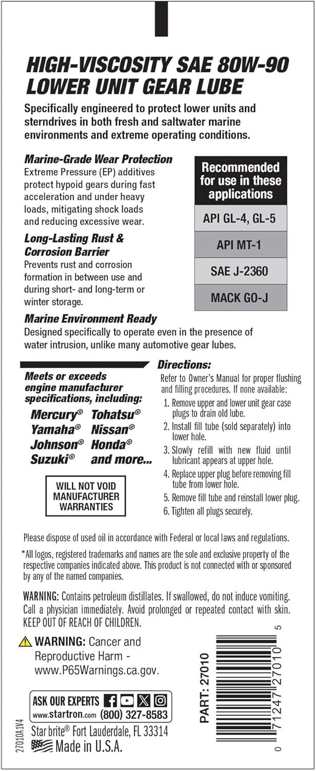 image:imageSTAR BRITE Star Tron Premium Full Synthetic Gear Lube SAE 75W90 MarineGrade API GL5 Certified10 Oz Tube