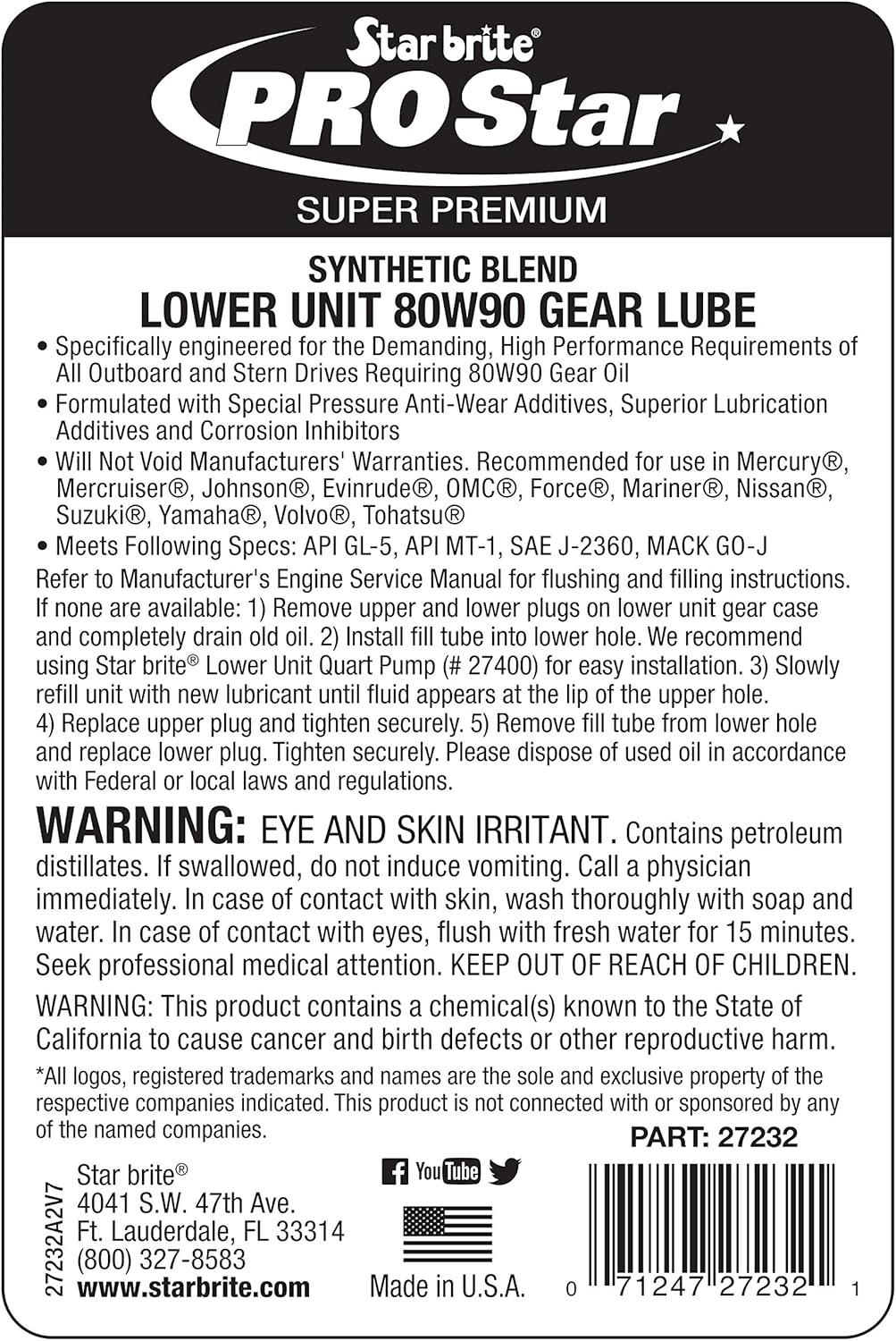 image:imageSTAR BRITE Star Tron Premium Full Synthetic Gear Lube SAE 75W90 MarineGrade API GL5 Certified32 Oz Quart