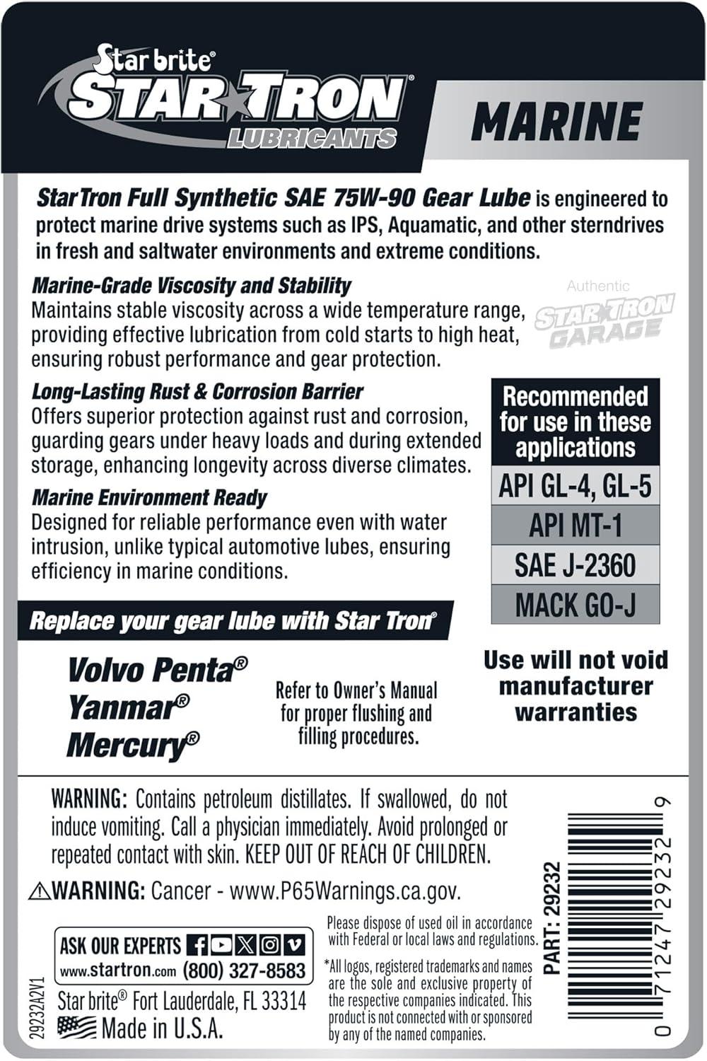 image:imageSTAR BRITE Star Tron Premium Full Synthetic Gear Lube SAE 75W90 MarineGrade API GL5 Certified32 Oz Quart