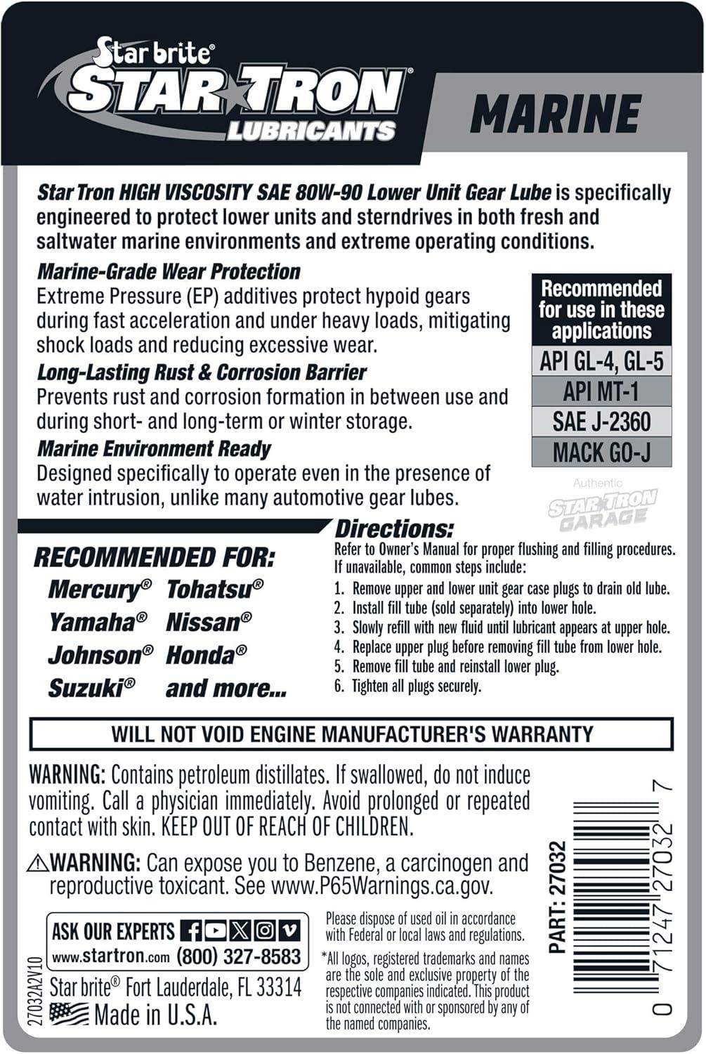 image:imageSTAR BRITE Star Tron Premium Full Synthetic Gear Lube SAE 75W90 MarineGrade API GL5 Certified32 Oz Quart