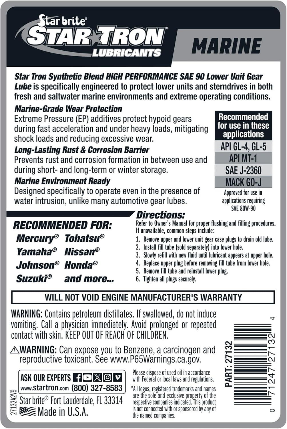 image:imageSTAR BRITE Star Tron Premium Full Synthetic Gear Lube SAE 75W90 MarineGrade API GL5 Certified32 Oz Quart