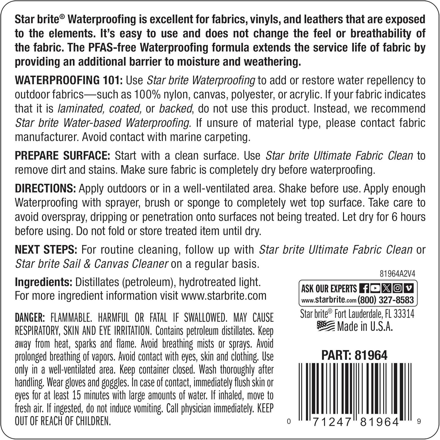 image:imageSTAR BRITE Waterproofing Spray Waterproofer Stain Repellent UV Protection for Boat Covers Car Covers Bimini Tops Tents Jackets Backpacks Boots Awnings Patio Covers amp More64 Oz Waterproofing