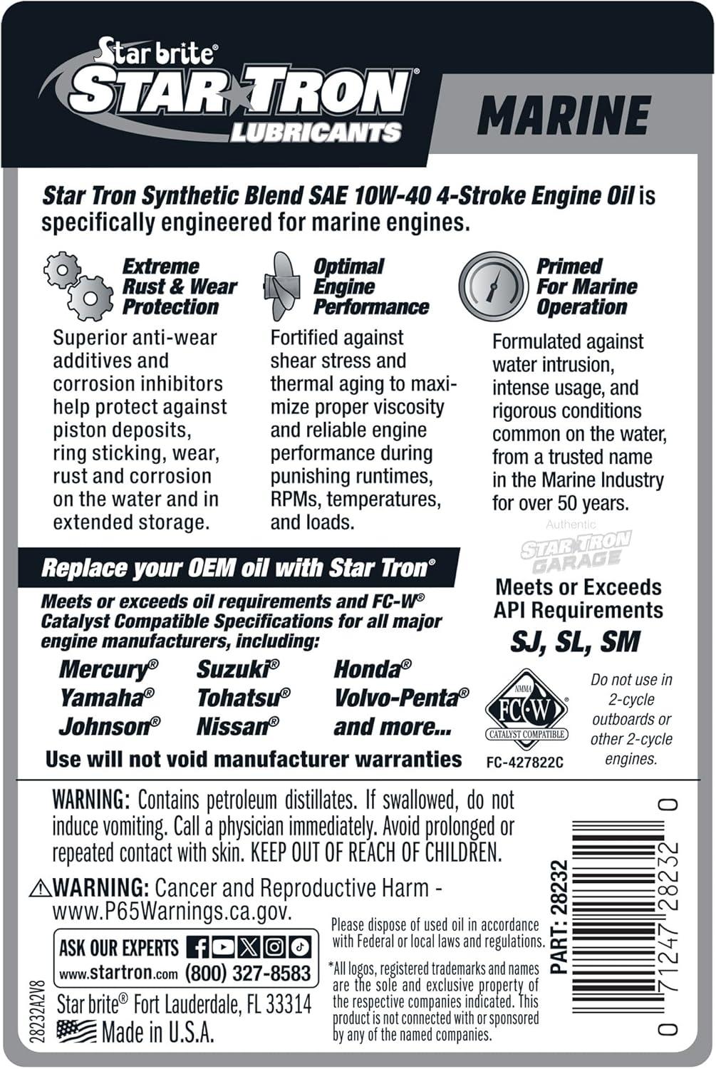 image:imageSTAR BRITE Star Tron Premium 4 Stroke Marine Oil 10W40 Synthetic Blend Engine Oil for Outboards Gasoline Inboards amp Stern Drives NMMA FCW Certified 32 OZ 02823210w40