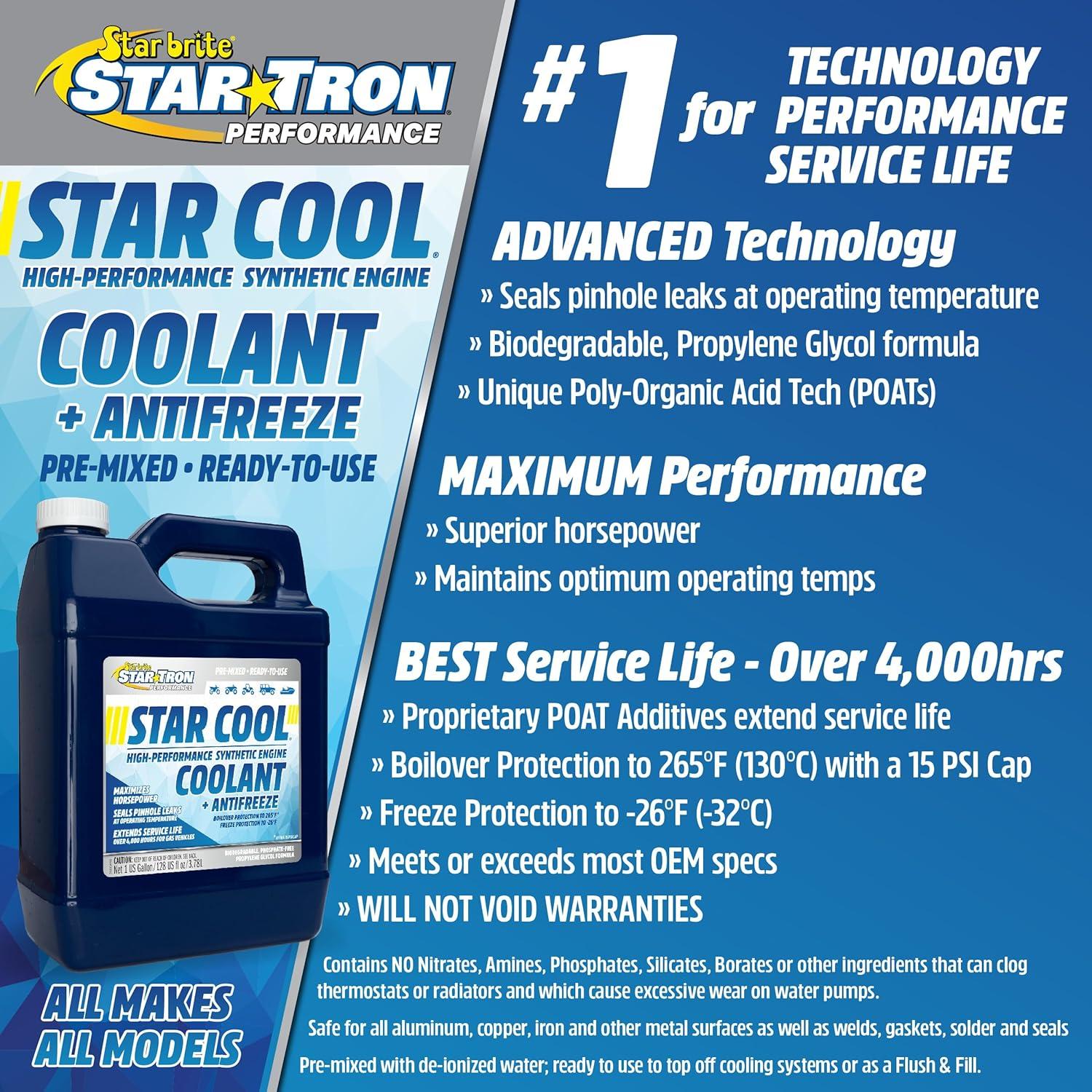 image:imageStar Tron StarCool Premium Synthetic PG Engine Coolant Antifreeze Propylene Glycol for Engines Motorcycles Snowmobiles amp Marine 1 GAL 03320005 Gallon